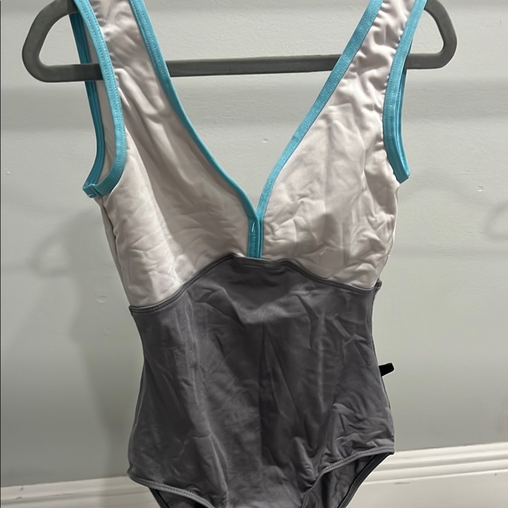 Gray and White Maria Leotard with Blue Trim